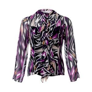 Diane Von Furstenberg Sheer Long Sleeve Silk Blouse Women's 10 Printed Ruffle